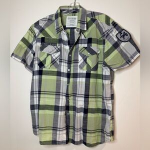 Guess Men's Lime and Navy Plaid Button Down Shirt